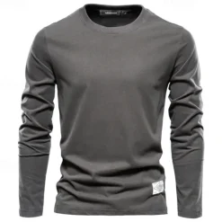 Clearance OUKU 100% Cotton Long Sleeve T shirt For Men's Solid Spring Casual Crewneck T-shirts High Quality Male Tops Classic Clothes Men's T-shirts