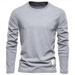 Clearance OUKU 100% Cotton Long Sleeve T shirt For Men's Solid Spring Casual Crewneck T-shirts High Quality Male Tops Classic Clothes Men's T-shirts