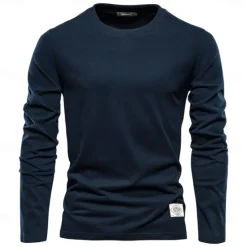Clearance OUKU 100% Cotton Long Sleeve T shirt For Men's Solid Spring Casual Crewneck T-shirts High Quality Male Tops Classic Clothes Men's T-shirts