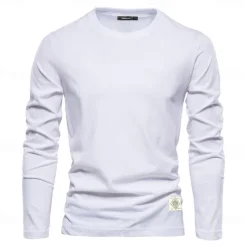 Clearance OUKU 100% Cotton Long Sleeve T shirt For Men's Solid Spring Casual Crewneck T-shirts High Quality Male Tops Classic Clothes Men's T-shirts