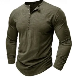 Outlet OUKU 100% Cotton Men's Henley Shirt Tee Top Long Sleeve Shirt Long Sleeve Solid Color Fashion Daily Buttons Henley Outdoor Casual Summer Dark Brown Dark Grey Black Henley T-Shirt