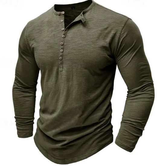 Outlet OUKU 100% Cotton Men's Henley Shirt Tee Top Long Sleeve Shirt Long Sleeve Solid Color Fashion Daily Buttons Henley Outdoor Casual Summer Dark Brown Dark Grey Black Henley T-Shirt