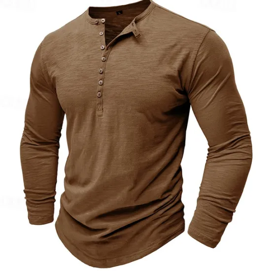 Outlet OUKU 100% Cotton Men's Henley Shirt Tee Top Long Sleeve Shirt Long Sleeve Solid Color Fashion Daily Buttons Henley Outdoor Casual Summer Dark Brown Dark Grey Black Henley T-Shirt