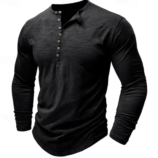 Outlet OUKU 100% Cotton Men's Henley Shirt Tee Top Long Sleeve Shirt Long Sleeve Solid Color Fashion Daily Buttons Henley Outdoor Casual Summer Dark Brown Dark Grey Black Henley T-Shirt