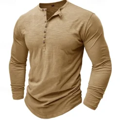 Outlet OUKU 100% Cotton Men's Henley Shirt Tee Top Long Sleeve Shirt Long Sleeve Solid Color Fashion Daily Buttons Henley Outdoor Casual Summer Dark Brown Dark Grey Black Henley T-Shirt