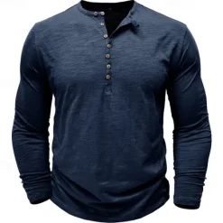 Outlet OUKU 100% Cotton Men's Henley Shirt Tee Top Long Sleeve Shirt Long Sleeve Solid Color Fashion Daily Buttons Henley Outdoor Casual Summer Dark Brown Dark Grey Black Henley T-Shirt