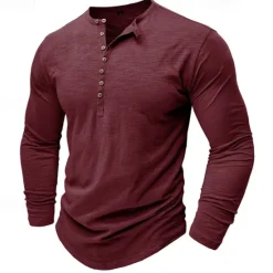 Outlet OUKU 100% Cotton Men's Henley Shirt Tee Top Long Sleeve Shirt Long Sleeve Solid Color Fashion Daily Buttons Henley Outdoor Casual Summer Dark Brown Dark Grey Black Henley T-Shirt