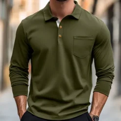 Discount OUKU 100% Cotton Men's Polo Shirt Golf Polo Formal Work Classic Long Sleeve Color Block Button Summer Spring & Fall Army Green Dark Grey Black Burgundy Navy Blue Polo Shirt