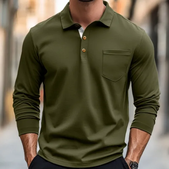 Discount OUKU 100% Cotton Men's Polo Shirt Golf Polo Formal Work Classic Long Sleeve Color Block Button Summer Spring & Fall Army Green Dark Grey Black Burgundy Navy Blue Polo Shirt