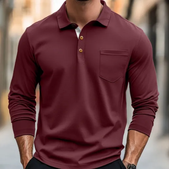 Discount OUKU 100% Cotton Men's Polo Shirt Golf Polo Formal Work Classic Long Sleeve Color Block Button Summer Spring & Fall Army Green Dark Grey Black Burgundy Navy Blue Polo Shirt