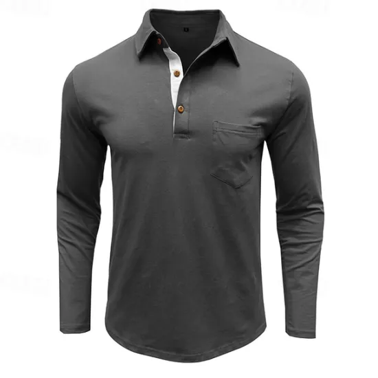 Discount OUKU 100% Cotton Men's Polo Shirt Golf Polo Formal Work Classic Long Sleeve Color Block Button Summer Spring & Fall Army Green Dark Grey Black Burgundy Navy Blue Polo Shirt