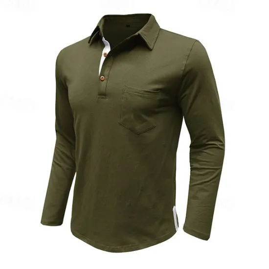 Discount OUKU 100% Cotton Men's Polo Shirt Golf Polo Formal Work Classic Long Sleeve Color Block Button Summer Spring & Fall Army Green Dark Grey Black Burgundy Navy Blue Polo Shirt