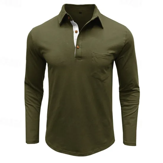 Discount OUKU 100% Cotton Men's Polo Shirt Golf Polo Formal Work Classic Long Sleeve Color Block Button Summer Spring & Fall Army Green Dark Grey Black Burgundy Navy Blue Polo Shirt