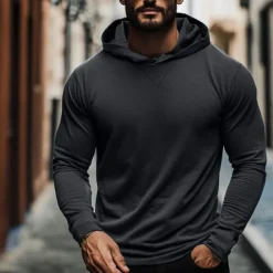 Sale OUKU 95% Cotton Men's T Shirt Tee Top Plain Hooded Vacation Street Long Sleeve Hooded Clothing Apparel Fashion Designer Basic Tee