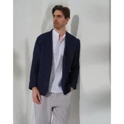 Sale OUKU 100% Linen Men's Linen Blazer Blazer Business Formal Evening Wedding Party Fashion Casual Spring & Fall Plain Pocket Casual / Daily Single Breasted Blazer Black Dark Blue