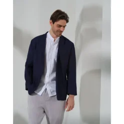 Sale OUKU 100% Linen Men's Linen Blazer Blazer Business Formal Evening Wedding Party Fashion Casual Spring & Fall Plain Pocket Casual / Daily Single Breasted Blazer Black Dark Blue
