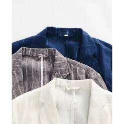 Best OUKU 100% Linen Men's Linen Blazer Blazer Business Formal Evening Wedding Party Fashion Casual Spring & Fall Stripes Pocket Casual / Daily Single Breasted Blazer White Coffee Navy Blue