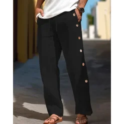 Online OUKU 40% Linen Men's Linen Pants Trousers Summer Pants Baggy Pants Drawstring Elastic Waist Side Button Plain Breathable Comfortable Office / Career Daily Vacation Classic Casual Black White