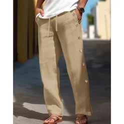 Online OUKU 40% Linen Men's Linen Pants Trousers Summer Pants Baggy Pants Drawstring Elastic Waist Side Button Plain Breathable Comfortable Office / Career Daily Vacation Classic Casual Black White