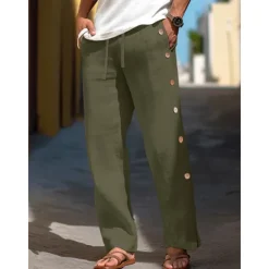 Online OUKU 40% Linen Men's Linen Pants Trousers Summer Pants Baggy Pants Drawstring Elastic Waist Side Button Plain Breathable Comfortable Office / Career Daily Vacation Classic Casual Black White