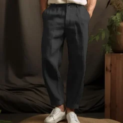 Hot OUKU 40% Linen Men's Linen Pants Trousers Summer Pants Button Up Pocket Plain Breathable Comfortable Office / Career Daily Vacation Classic Casual Black White