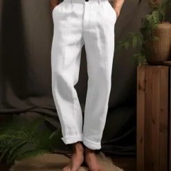 Best OUKU 40% Linen Men's Linen Pants Trousers Summer Pants Pocket Straight Leg Plain Breathable Comfortable Office / Career Daily Vacation Classic Casual Black White