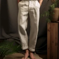 Best OUKU 40% Linen Men's Linen Pants Trousers Summer Pants Pocket Straight Leg Plain Breathable Comfortable Office / Career Daily Vacation Classic Casual Black White