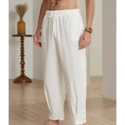 Online OUKU 10% Linen Men's Linen Pants Trousers Summer Pants Pleated Pants Front Pocket Straight Leg Plain Comfort Breathable Casual Daily Holiday Fashion Basic White