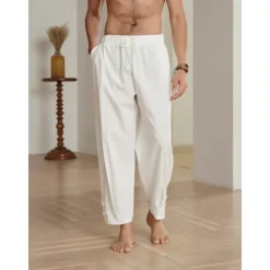 Online OUKU 10% Linen Men's Linen Pants Trousers Summer Pants Pleated Pants Front Pocket Straight Leg Plain Comfort Breathable Casual Daily Holiday Fashion Basic White