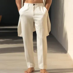 Online OUKU 40% Linen Men's Linen Pants Trousers Summer Pants Pocket Straight Leg Plain Breathable Comfortable Office / Career Daily Vacation Classic Casual Black White