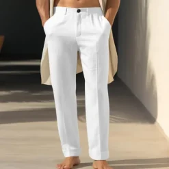 Online OUKU 40% Linen Men's Linen Pants Trousers Summer Pants Pocket Straight Leg Plain Breathable Comfortable Office / Career Daily Vacation Classic Casual Black White