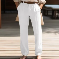 Hot OUKU 40% Linen Men's Linen Pants Trousers Summer Pants Pocket Straight Leg Plain Breathable Comfortable Office / Career Daily Vacation Classic Casual Black White