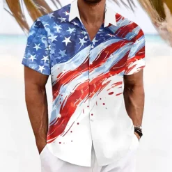 Outlet OUKU American Independence Day Men's American / USA American Flag National Flag Button Up Shirt Short Sleeve Resort Style Outdoor Casual Holiday Summer Turndown Buttons Pocket White Blue