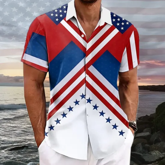 Outlet OUKU American Independence Day Men's American / USA American Flag National Flag Button Up Shirt Short Sleeve Resort Style Outdoor Casual Holiday Summer Turndown Buttons Pocket White Blue