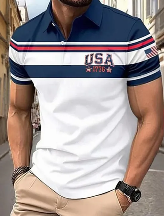 Hot OUKU American Independence Day Men's USA Polo Shirts Button Up Polos Golf Shirt Short Sleeve Polo Shirts Lapel Fashion Casual Daily Festival Print Summer Blue