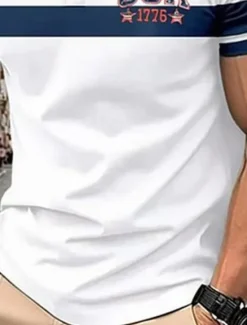 Hot OUKU American Independence Day Men's USA Polo Shirts Button Up Polos Golf Shirt Short Sleeve Polo Shirts Lapel Fashion Casual Daily Festival Print Summer Blue
