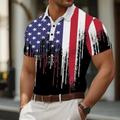 New OUKU American Independence Day Men's American Flag Veterans Golf Shirt Short Sleeve Polo Shirts Collared Shirts Casual Streetwear Vacation Wear Party Outfits Buttons 3D Print Summer Spring Black