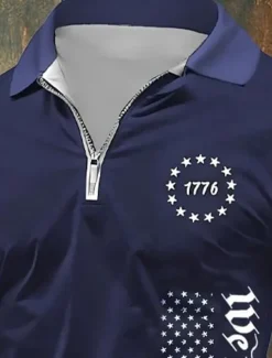 OUKU American Independence Day Men's American US Flag Polo Shirts Quarter Zip Polo Golf Shirt Short Sleeve Polo Shirts Lapel Fashion Casual Daily Festival Print Summer Navy Blue