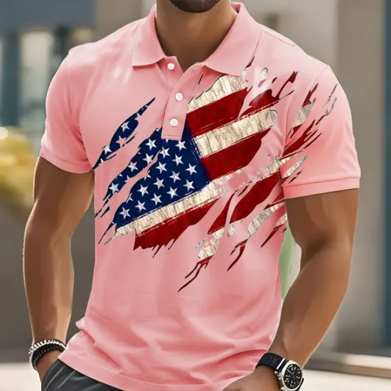 New OUKU American Independence Day Men's American Flag Polo Short Sleeve Polo Shirts Collared Shirts Casual Outdoor Daily Wear 3D Print Summer White Pink Blue