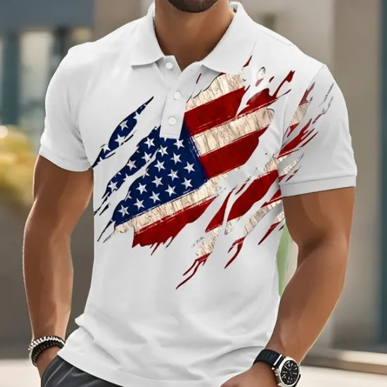 New OUKU American Independence Day Men's American Flag Polo Short Sleeve Polo Shirts Collared Shirts Casual Outdoor Daily Wear 3D Print Summer White Pink Blue