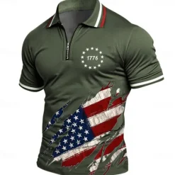 OUKU American Independence Day Men's American US Flag Zip Polo Shirts Short Sleeve Polo Shirts Collared Shirts Casual Athleisure Daily Wear 3D Print Summer Blue Green Gray