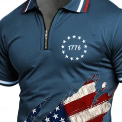 OUKU American Independence Day Men's American US Flag Zip Polo Shirts Short Sleeve Polo Shirts Collared Shirts Casual Athleisure Daily Wear 3D Print Summer Blue Green Gray