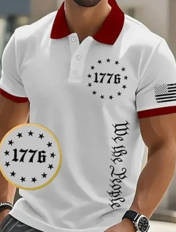 Discount OUKU American Independence Day Men's 1776 National Flag Polo Shirts Button Up Polos Golf Shirt Short Sleeve Polo Shirts Lapel Fashion Casual Daily Festival Print Summer Black White