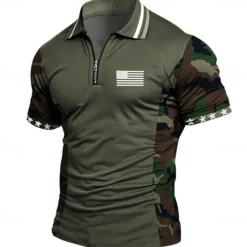 Hot OUKU American Independence Day Men's American US Flag Zip Polo Shirts Short Sleeve Polo Shirts Collared Shirts Casual Athleisure Daily Wear 3D Print Summer Blue Green Gray