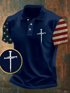 Best OUKU American Independence Day Men's American US Flag Cross Polo Shirts Button Up Polos Golf Shirt Short Sleeve Polo Shirts Lapel Fashion Casual Daily Festival Print Summer Black Navy Blue