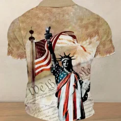 New OUKU American Independence Day Men's American Flag Veterans Waffle Polo Shirts Golf Shirt Short Sleeve Polo Shirts Collared Shirts Streetwear Vacation Wear Party Outfits Buttons 3D Print Summer Spring Khaki