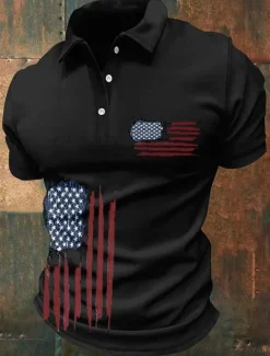 Sale OUKU American Independence Day Men's American US Flag Polo Shirts Button Up Polos Golf Shirt Short Sleeve Polo Shirts Lapel Fashion Casual Daily Festival Print Summer Black White