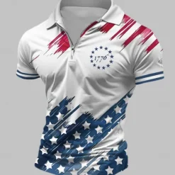 OUKU American Independence Day Men's American Flag Veterans Zip Polo Shirts Golf Shirt Short Sleeve Polo Shirts Collared Shirts Casual Streetwear Vacation Wear Party Outfits 3D Print Quarter Zip Polo