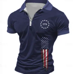 OUKU American Independence Day Men's American Flag Veterans Zip Polo Shirts Golf Shirt Short Sleeve Polo Shirts Collared Shirts Casual Streetwear Vacation Wear Party Outfits 3D Print Quarter Zip Polo