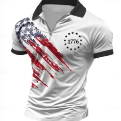 OUKU American Independence Day Men's American Flag Veterans Zip Polo Shirts Golf Shirt Short Sleeve Polo Shirts Collared Shirts Casual Streetwear Vacation Wear Party Outfits 3D Print Quarter Zip Polo